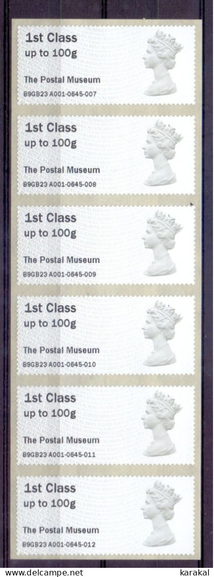 UK Post & Go ATM Strip Of 6 First Class The Postal Museum Her Majesty The Queen MNH - Post & Go Stamps