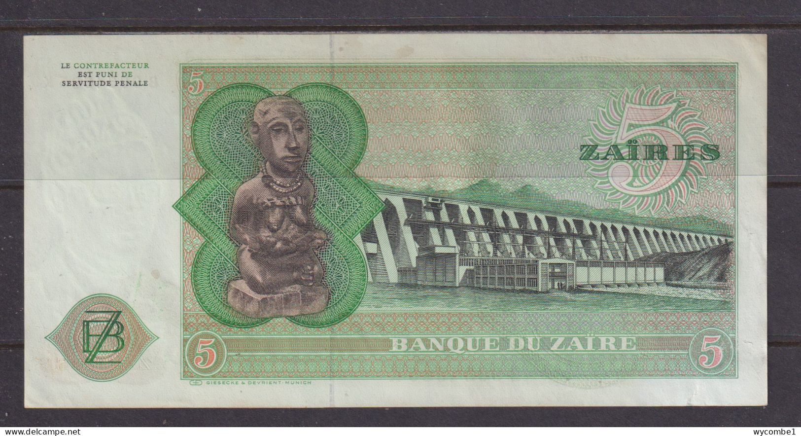 ZAIRE - 1977 5 Zaires Circulated Banknote As Scans - Zaïre