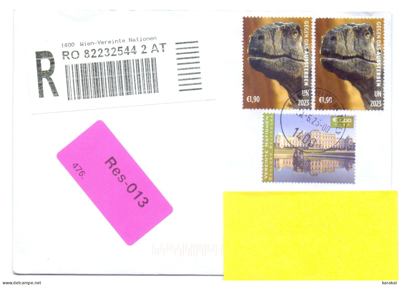 UN Vienna Registered Letter Lettre Recommandée To Belgium Dinosaur Dinosaure - Storia Postale