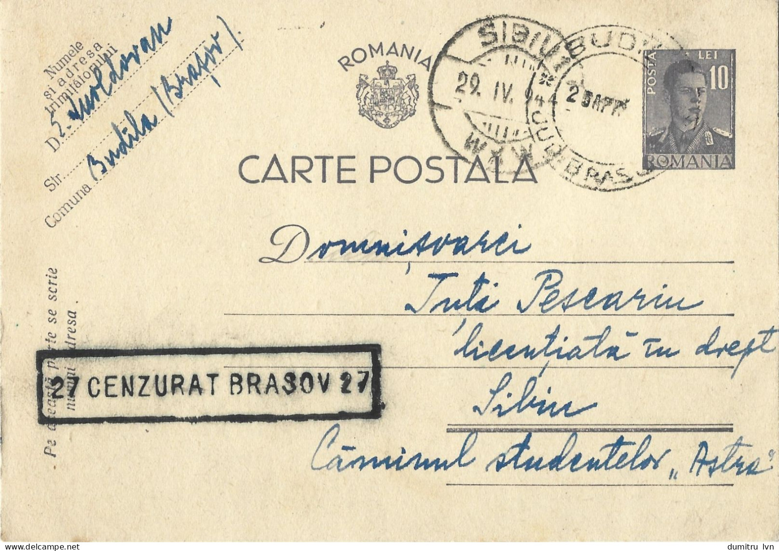 ROMANIA 1944 POSTCARD, CENSORED BRASOV 27 POSTCARD STATIONERY - 2. Weltkrieg (Briefe)