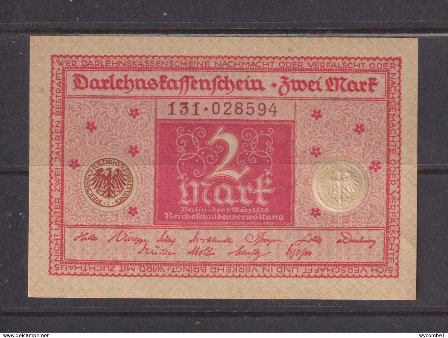 GERMANY - 1920 2 Marks AUNC/XF Banknote As Scans - 2 Mark