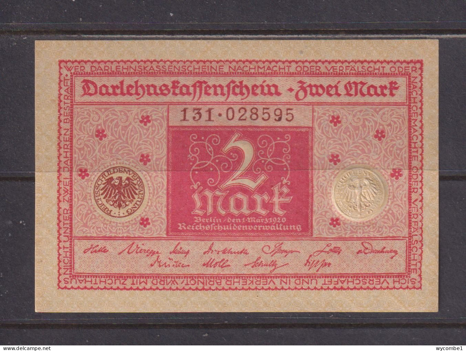 GERMANY - 1920 2 Marks AUNC/XF Banknote As Scans - 2 Mark