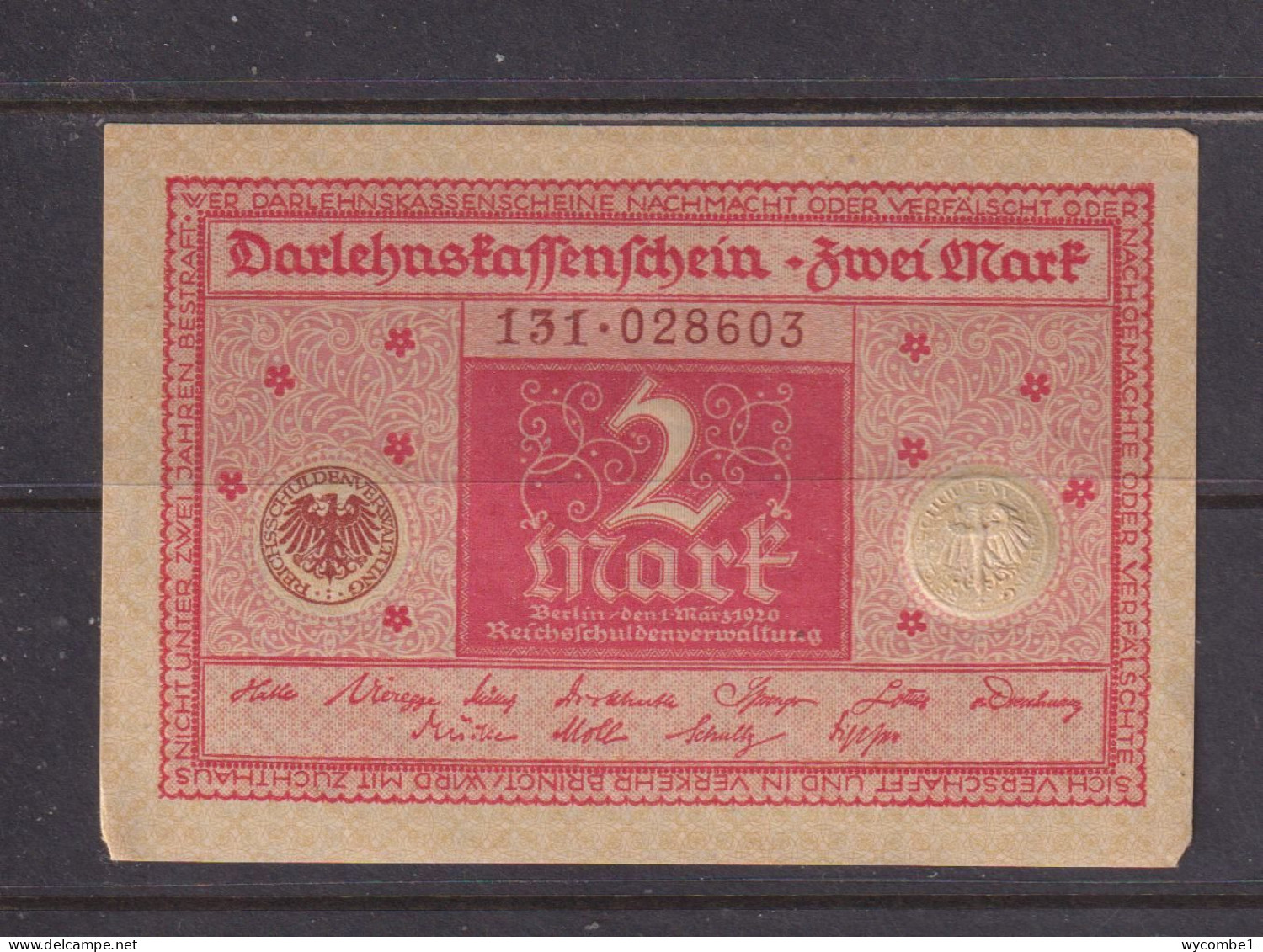 GERMANY - 1920 2 Marks AUNC/XF Banknote As Scans - 2 Mark