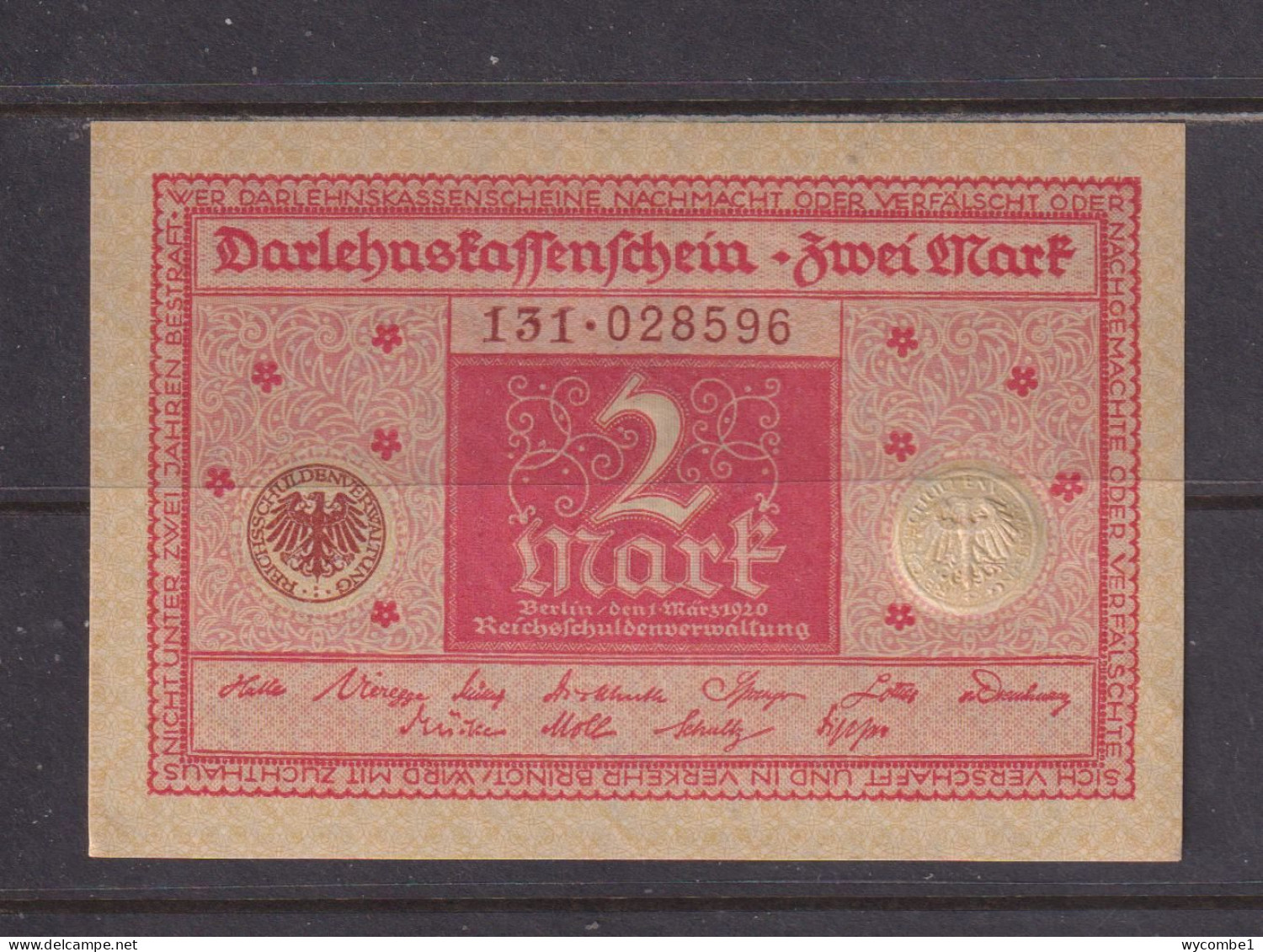 GERMANY - 1920 2 Marks AUNC/XF Banknote As Scans - 2 Mark