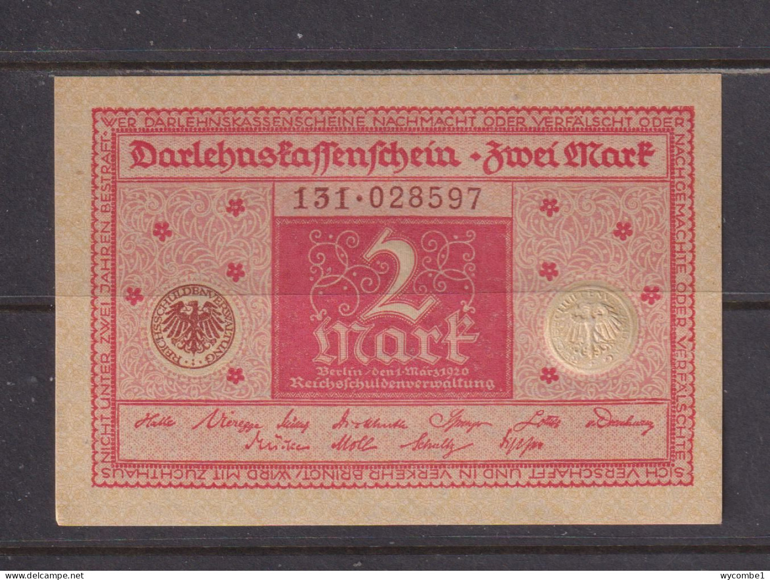 GERMANY - 1920 2 Marks AUNC/XF Banknote As Scans - 2 Mark