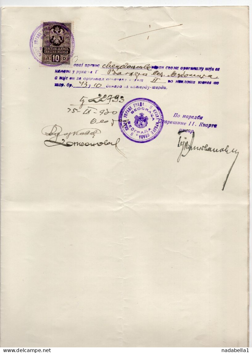 1930. KINGDOM OF SHS,SERBIA,BELGRADE,SCHOOL CERTIFICATE,REVENUE STAMP - Diplômes & Bulletins Scolaires