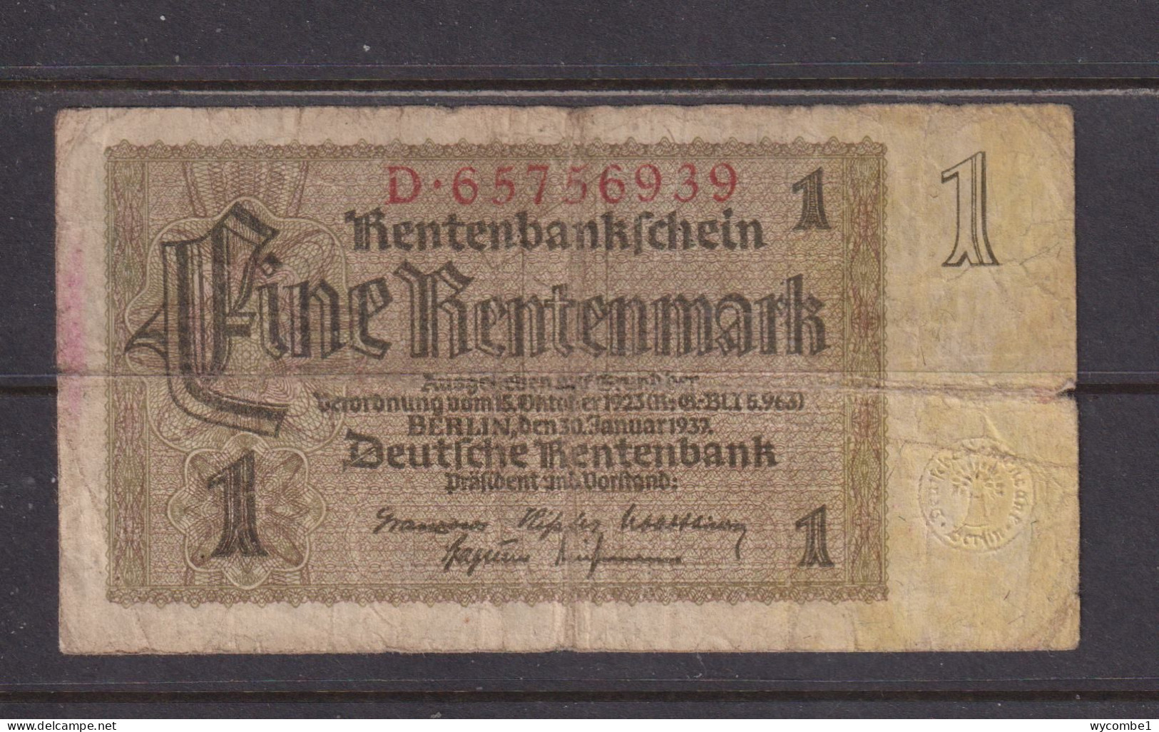 GERMANY - 1937 1 RentenMark Circulated Banknote As Scans - Andere & Zonder Classificatie