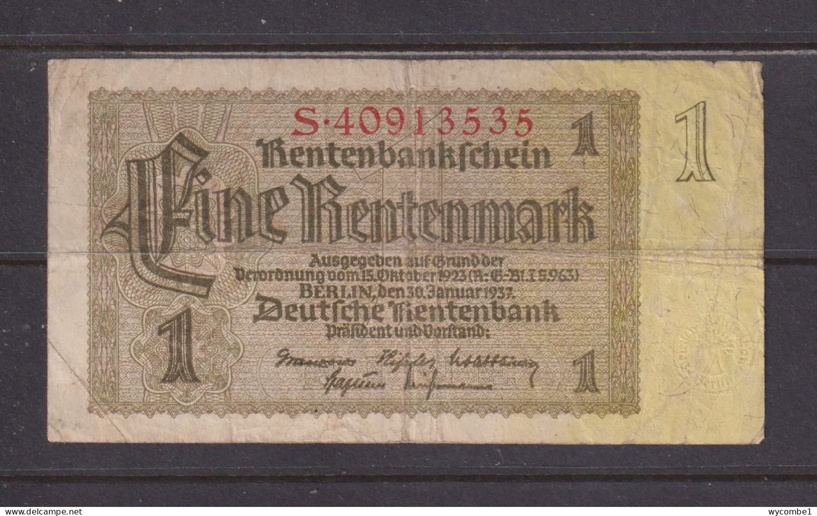 GERMANY - 1937 1 RentenMark Circulated Banknote As Scans - Autres & Non Classés