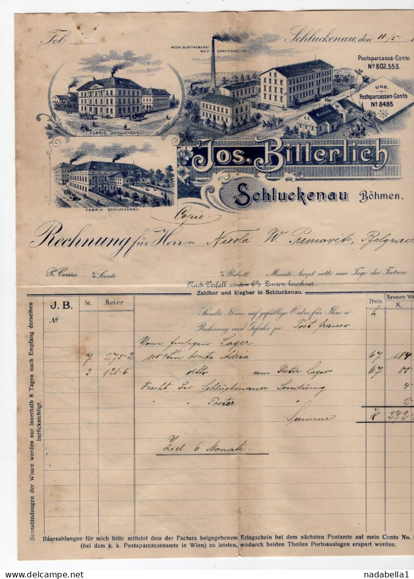 1905. AUSTRIA,SCHLUCKENAU,JOS. BITTERLICH,LETTERHEAD,TO BELGRADE,SERBIA - Österreich