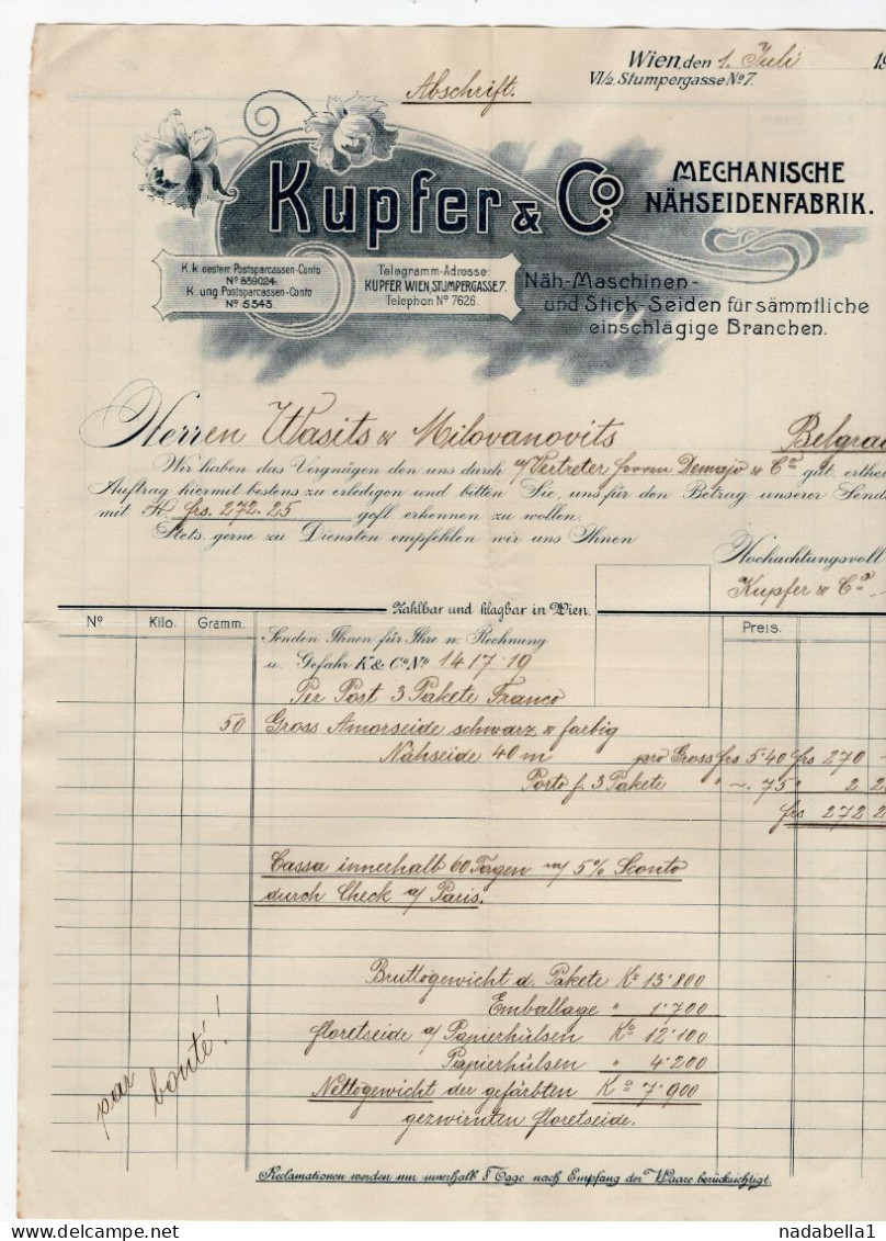 1908. AUSTRIA,VIENNA,KUPFER & CO,MECHANICAL FACTORY,SILK AND EMBROIDERY,LETTERHEAD,TO BELGRADE,SERBIA - Austria