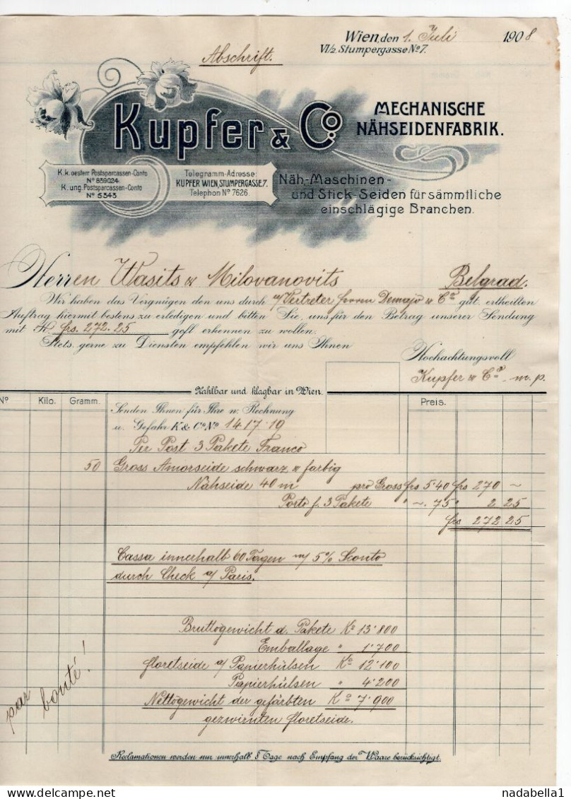 1908. AUSTRIA,VIENNA,KUPFER & CO,MECHANICAL FACTORY,SILK AND EMBROIDERY,LETTERHEAD,TO BELGRADE,SERBIA - Österreich