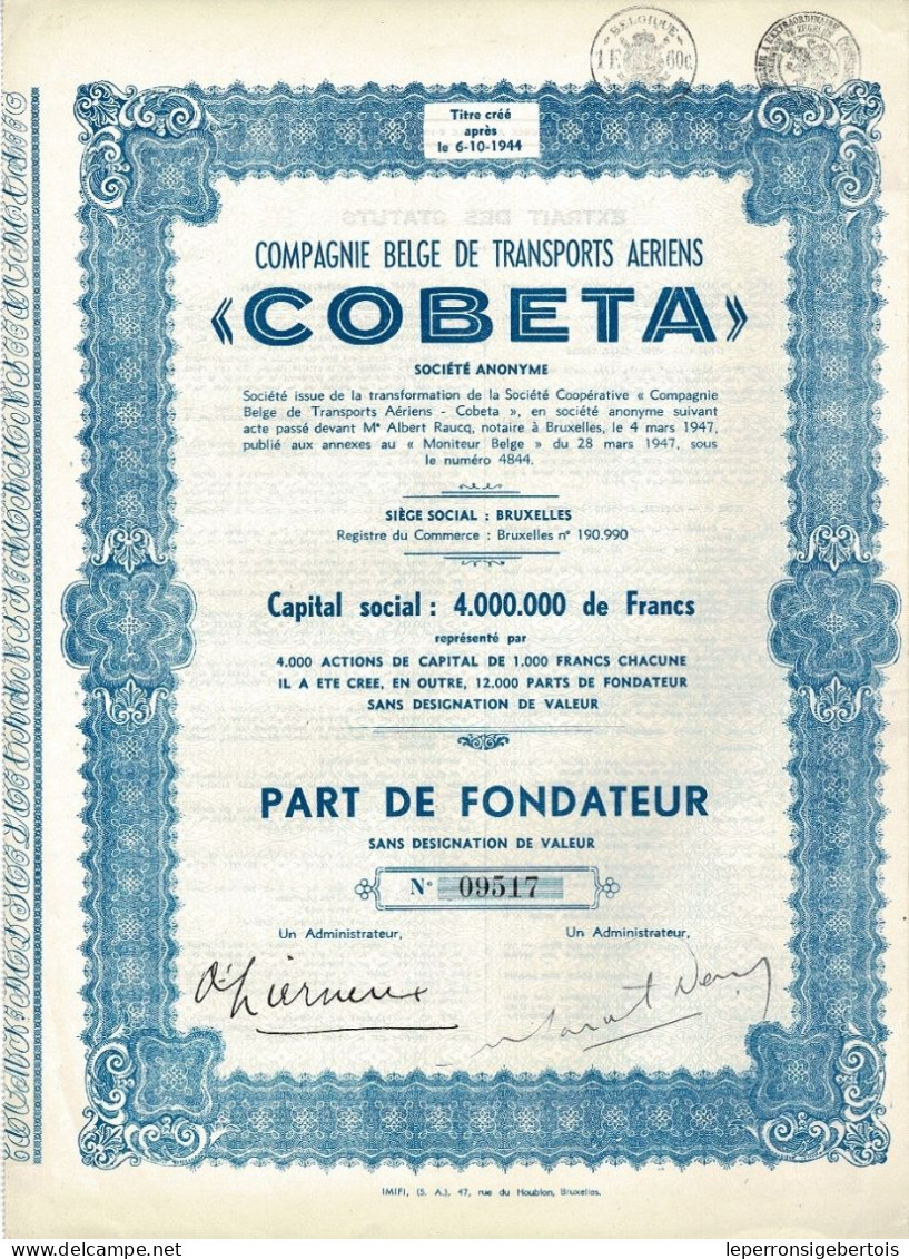 - Titre De 1947 - Compagnie Belge De Transports Aériens - COBETA - - Aviación