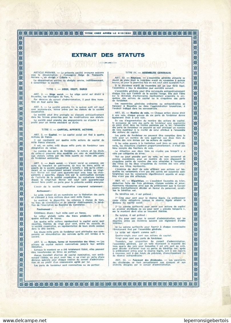 - Titre De 1947 - Compagnie Belge De Transports Aériens - COBETA - - Aviación