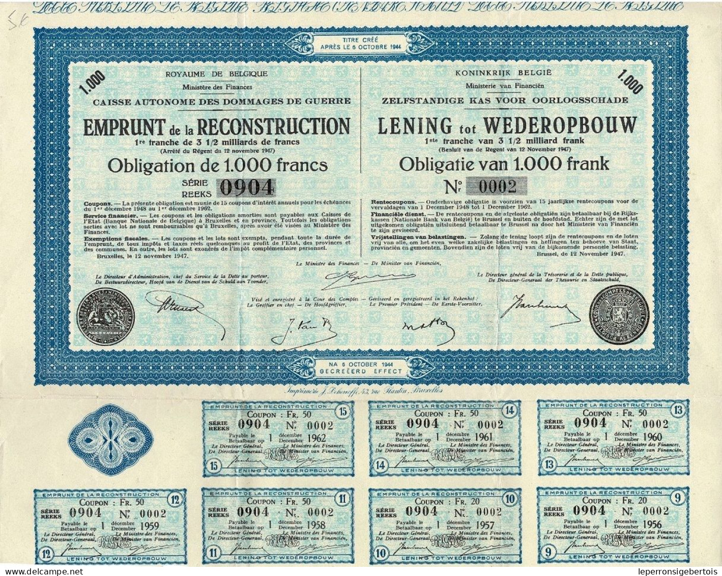Titre De 1947- Royaume De Belgique - Caisse Autonome Des Dommages De Guerre - Emprunt De La Reconstruction - A - C