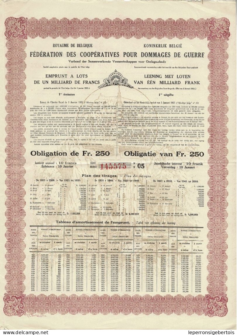 Titre De 1921- Royaume De Belgique - Fédération Des Dommages De Guerre 4 % - Emprunt à Lots De 1 Milliard De Francs - A - C