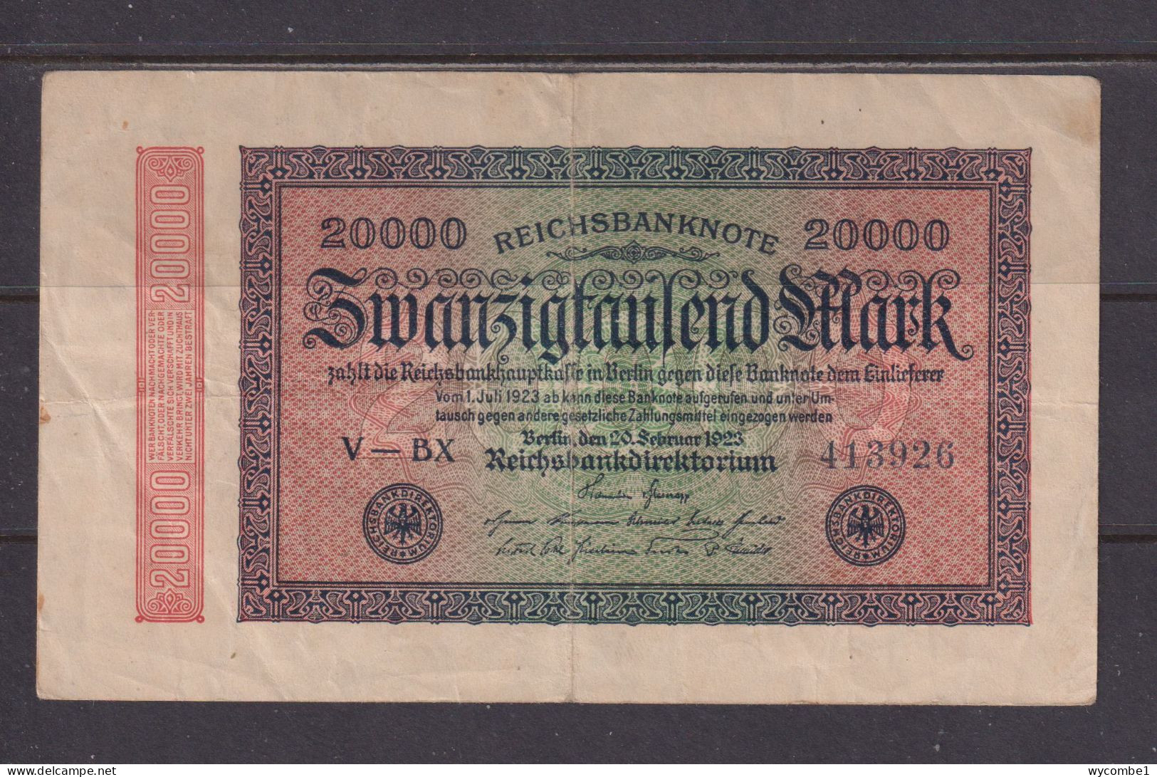 GERMANY - 1923 20000 Mark Circulated Banknote As Scans - 20.000 Mark