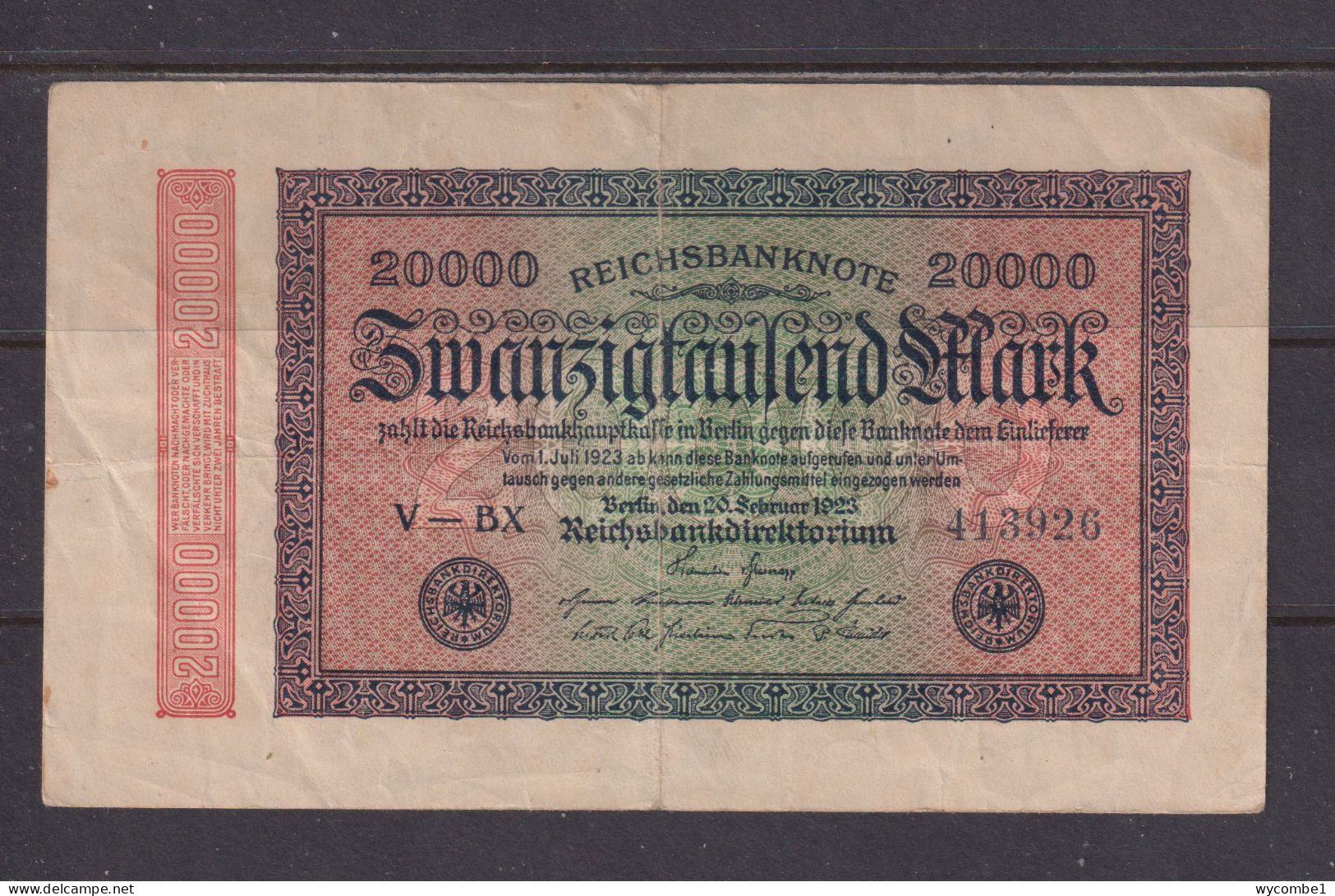 GERMANY - 1923 20000 Mark Circulated Banknote As Scans - 20000 Mark