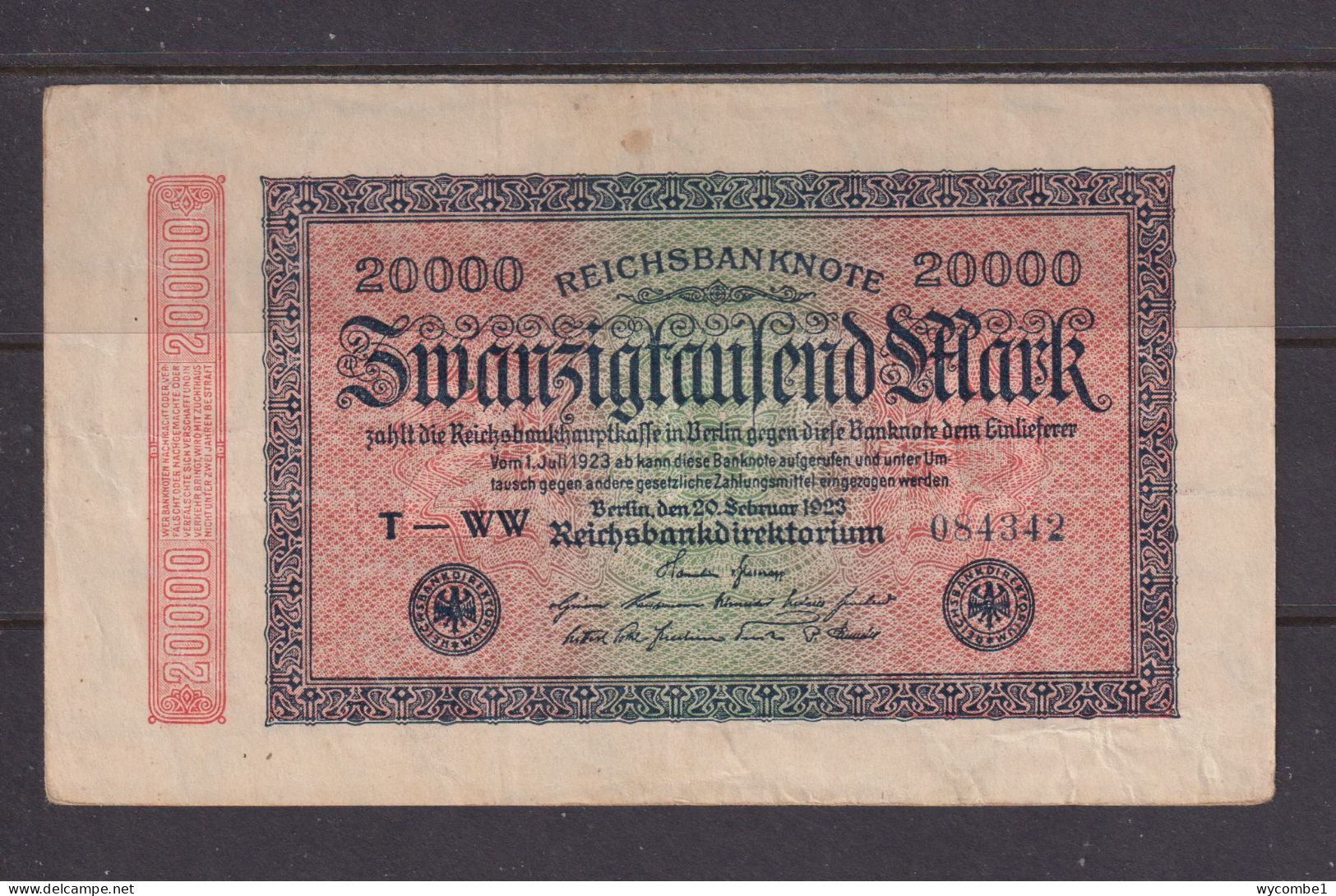 GERMANY - 1923 20000 Mark Circulated Banknote As Scans - 20000 Mark