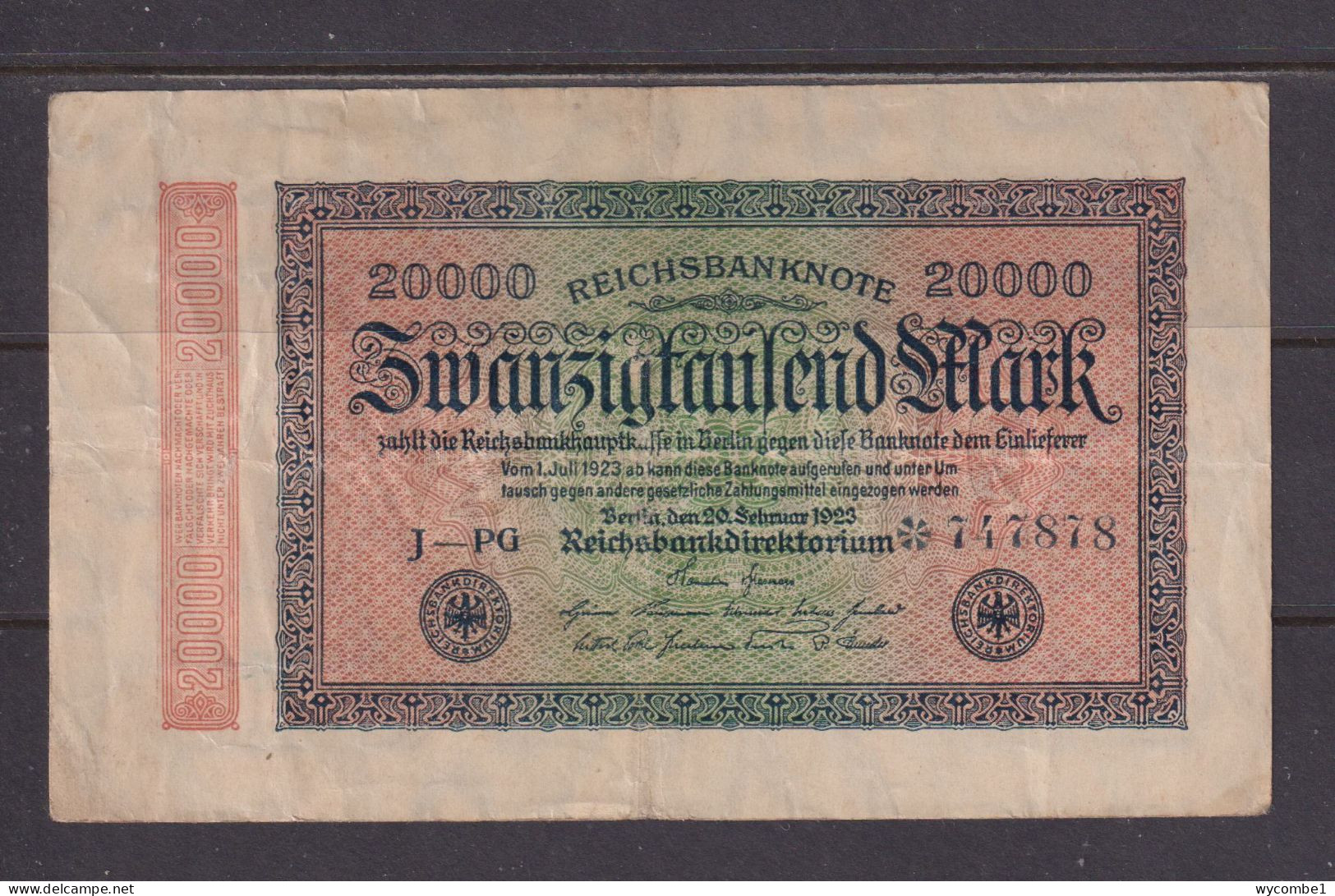 GERMANY - 1923 20000 Mark Circulated Banknote As Scans - 20.000 Mark