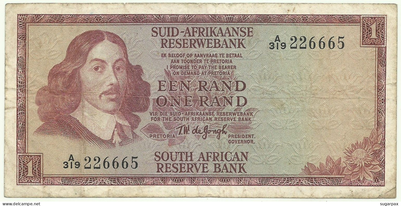 South Africa - 1 Rand - ND ( 1967 ) - P 110.b - Sign. 5 - Wmk: Springbok - Serie A/319 - Sudafrica