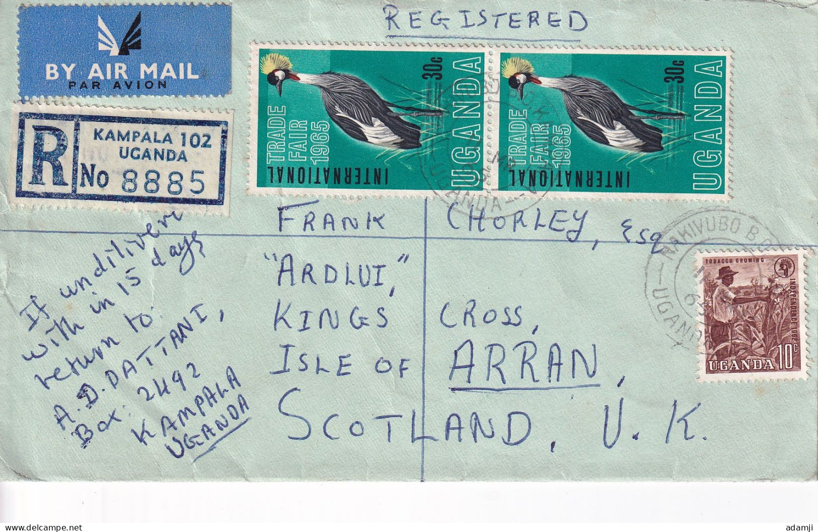 UGANDA 1965 REGISTERED COVER TO SCOTLAND. - Ouganda (...-1962)