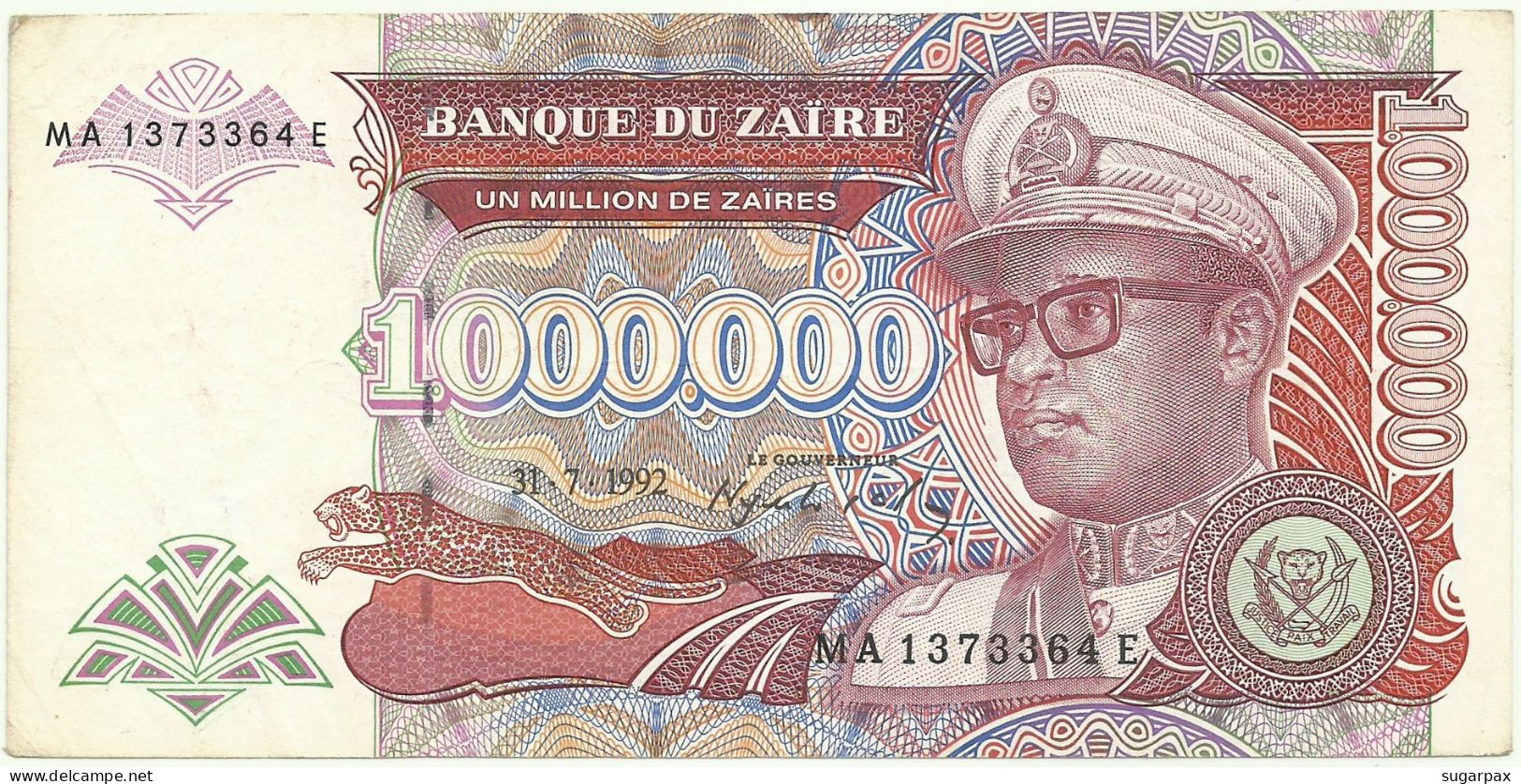 Zaïre - 1.000.000 Zaïres - 31.07.1992 - Pick 44 - Sign. 8 - Prefix MA , Sufix E - Mobutu . 1000000 - Zaïre