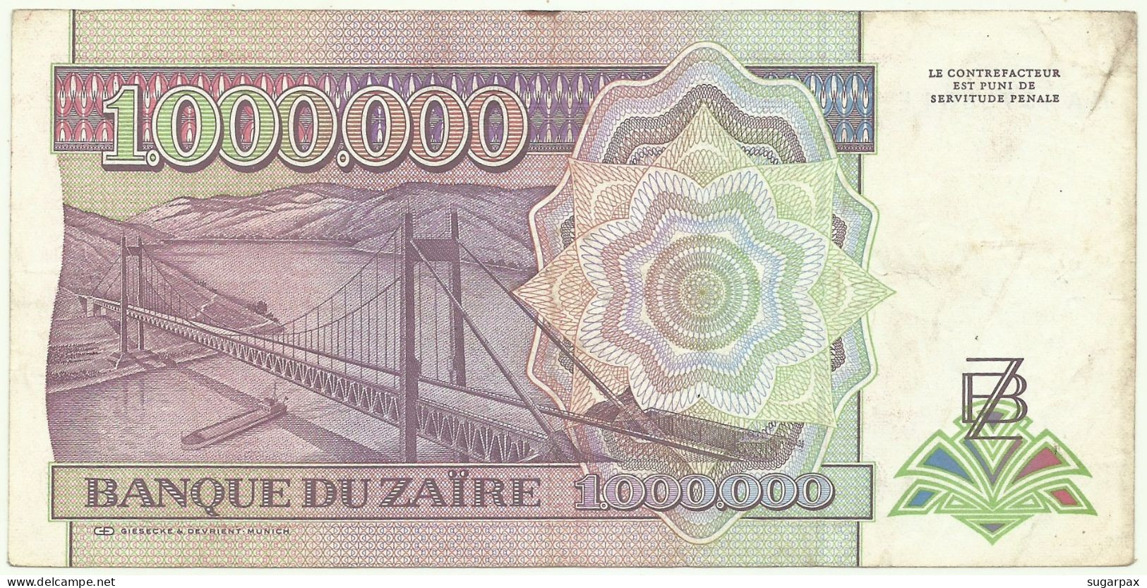 Zaïre - 1.000.000 Zaïres - 31.07.1992 - Pick 44 - Sign. 8 - Prefix MA , Sufix E - Mobutu . 1000000 - Zaïre