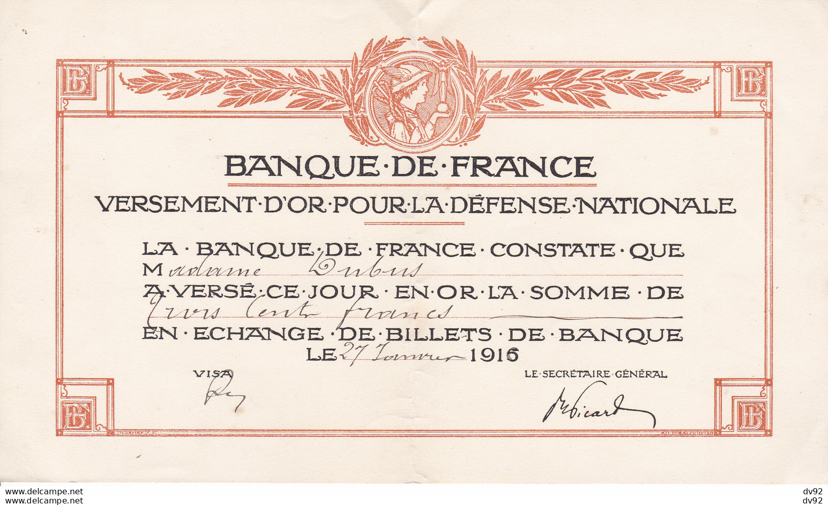 BANQUE DE FRANCE VERSEMENT D OR POUR LA DEFENSE NATIONALE JANVIER 1916 - A - C