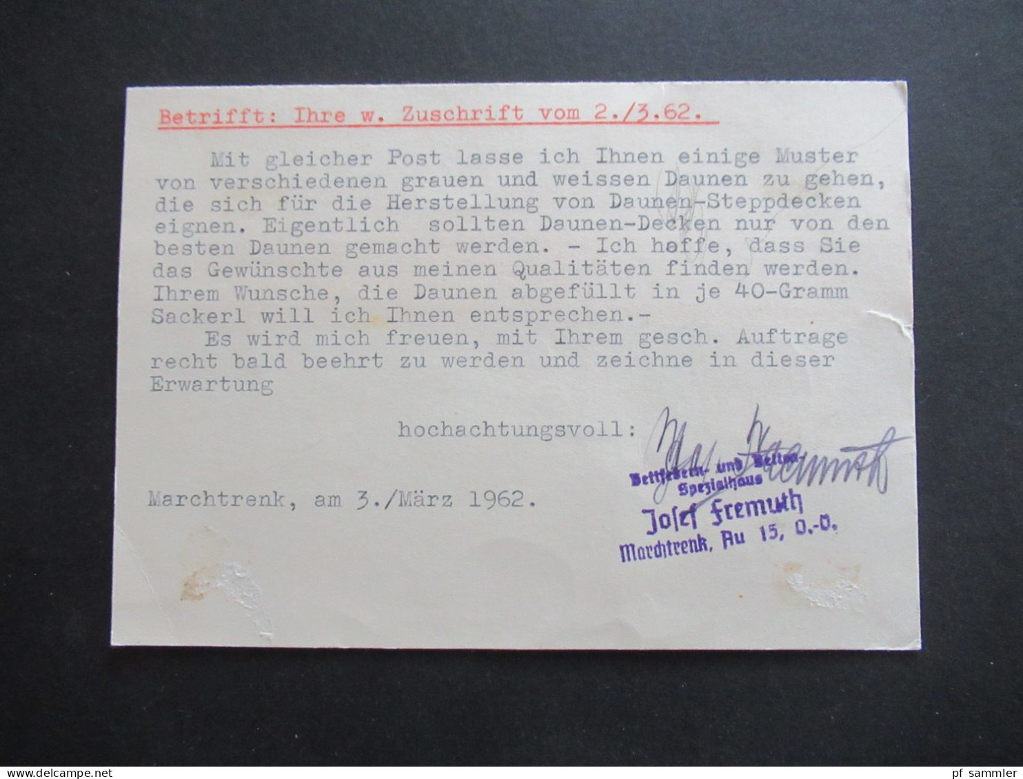 Österreich 1962 Geschäftspostkarte Bettfedern Josef Fremuth Marchtrenk Frankiert Mit Trachten Nr.906 EF - Cartas & Documentos