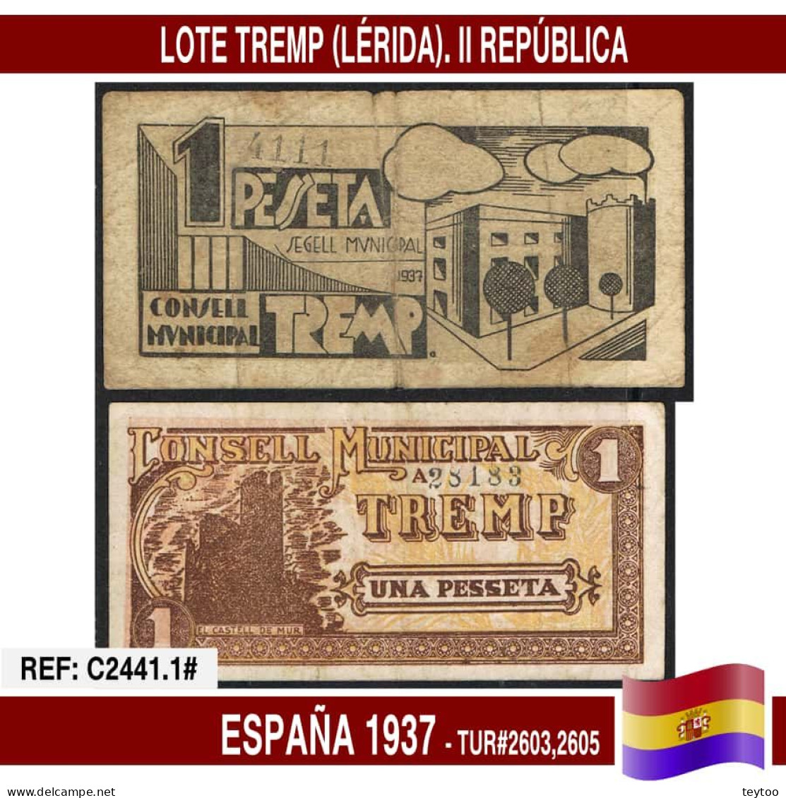 C2441.1# España 1937. Lote Billetes Tremp (Lérida) (VF) TUR@2603,2605 - 1-2 Peseten