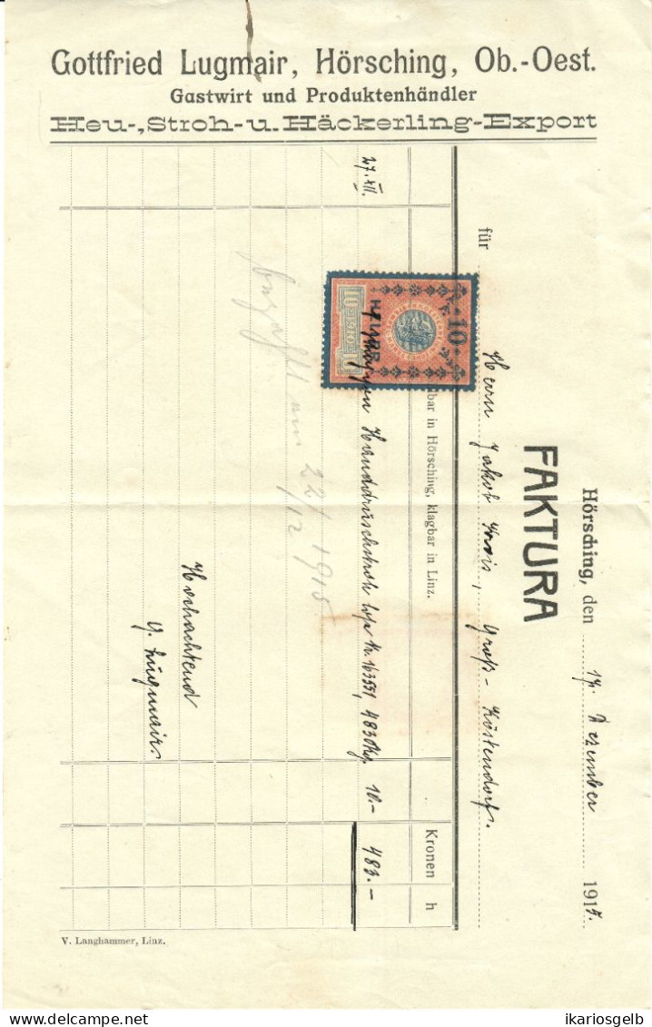 Hörsching OÖ 1915 Rechnung Deko + Fiskalmarke " Gottfried Lugmair Gastwirt U Produktenhändler " Stempelmarke - Österreich