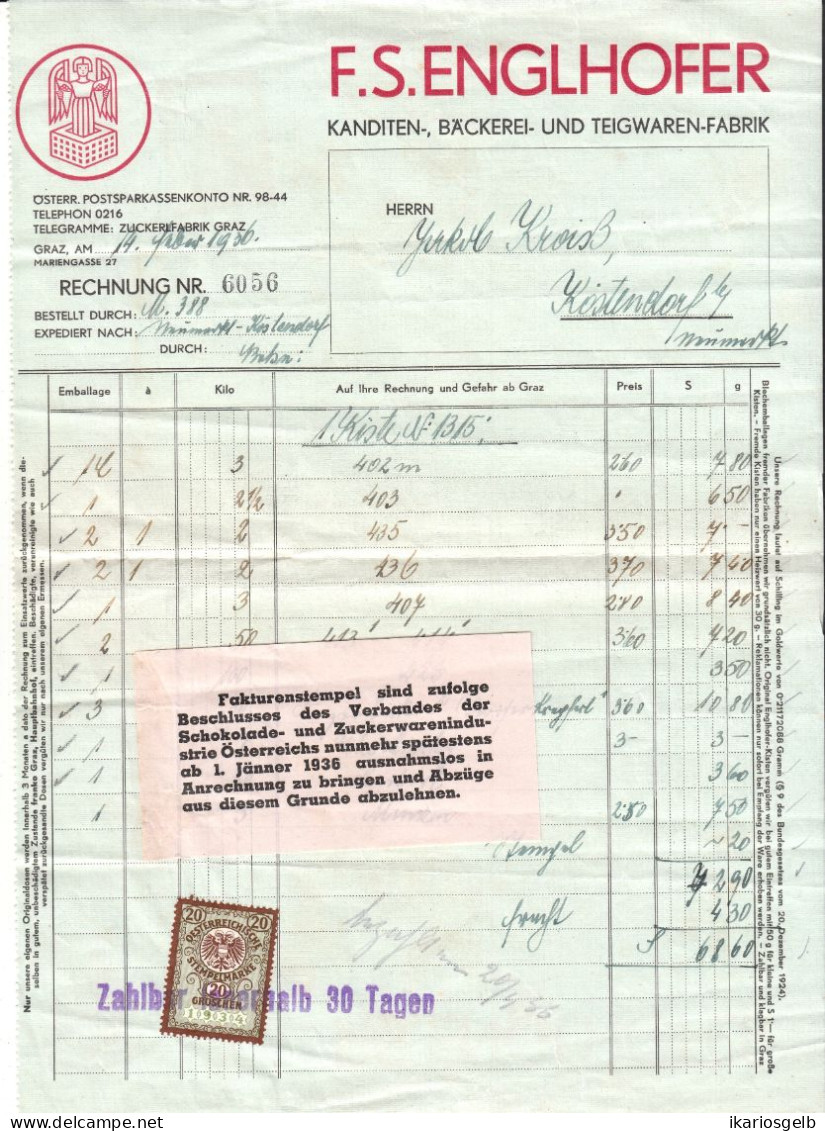 GRAZ 1936 Rechnung Deko + Fiskalmarke + Frank.Versandcouvert " F.S.Englhofer Teigwarenfabrik " Stempelmarke - Autriche