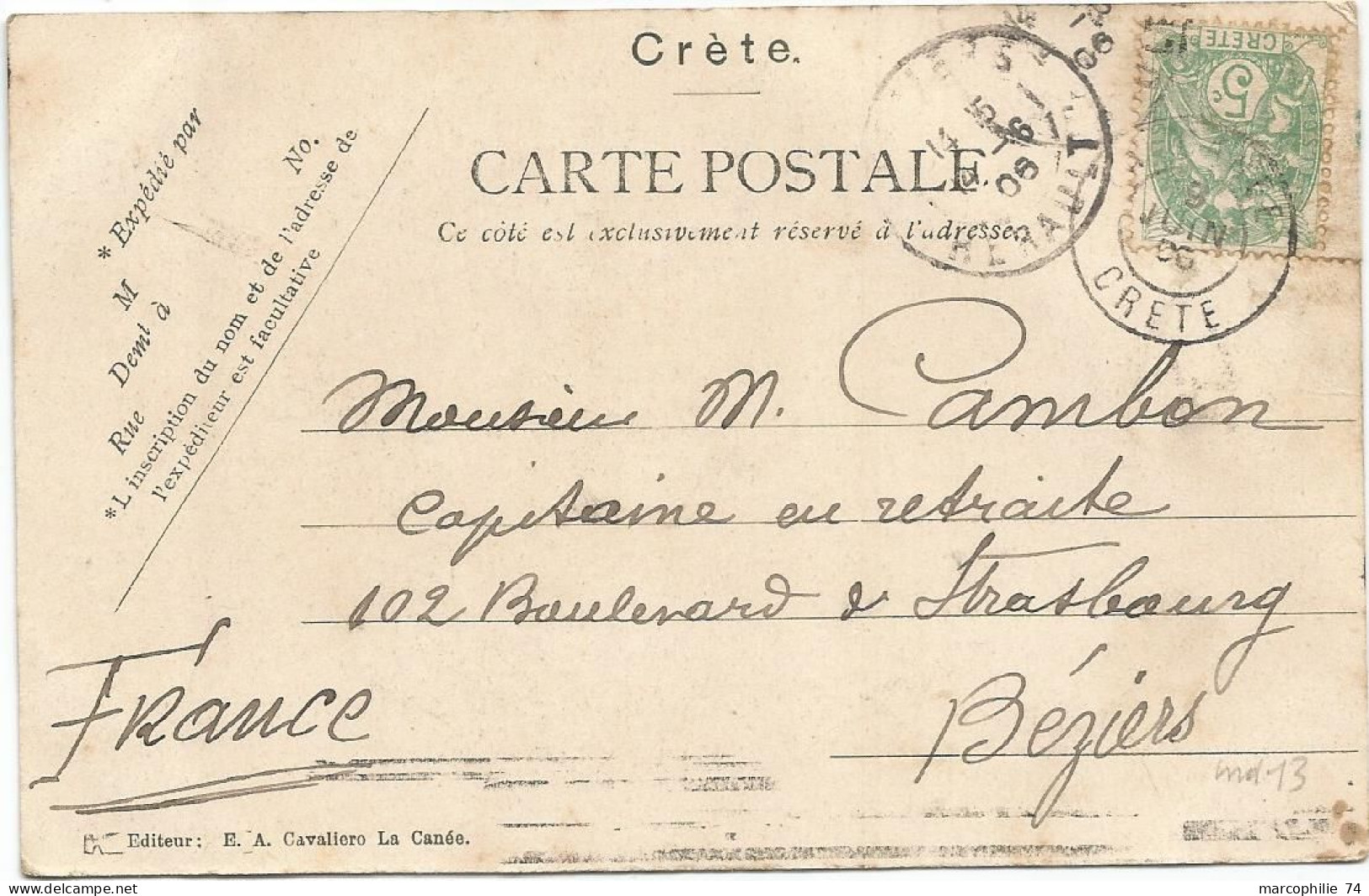 CRETE 5C BLANC CARTE RUE KASTELLI ACTUELLEMENT CANEVARO 1906 - Sonstige & Ohne Zuordnung