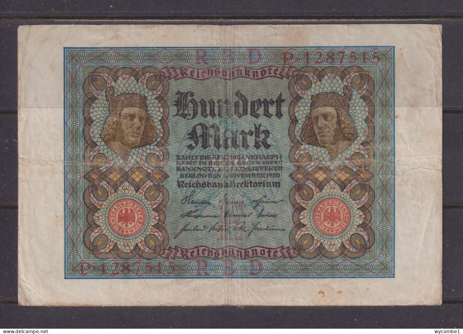 GERMANY - 1920 100 Mark Circulated Banknote As Scans - 100 Mark