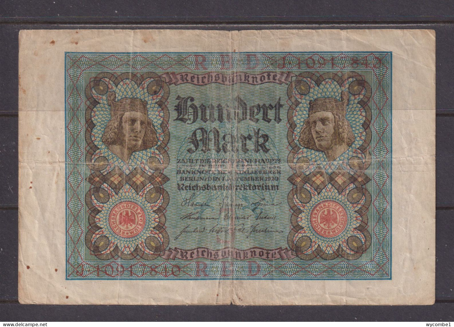 GERMANY - 1920 100 Mark Circulated Banknote As Scans - 100 Mark
