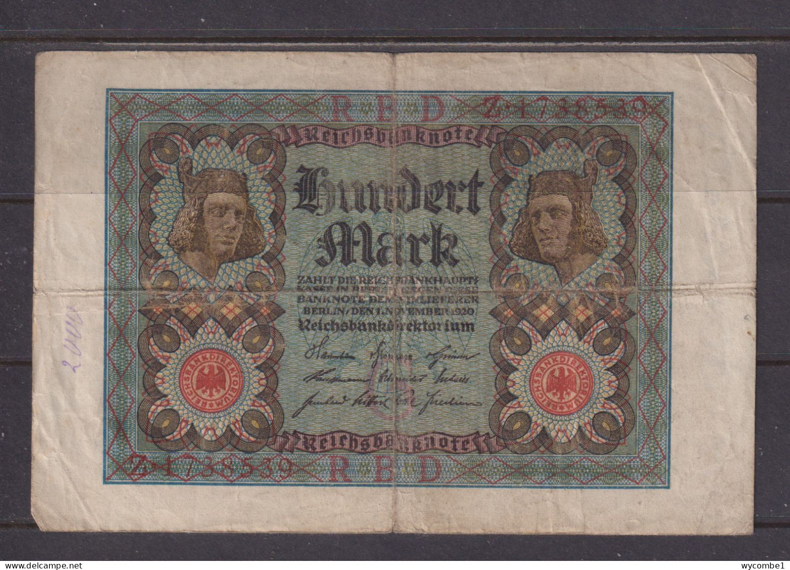 GERMANY - 1920 100 Mark Circulated Banknote As Scans - 100 Mark