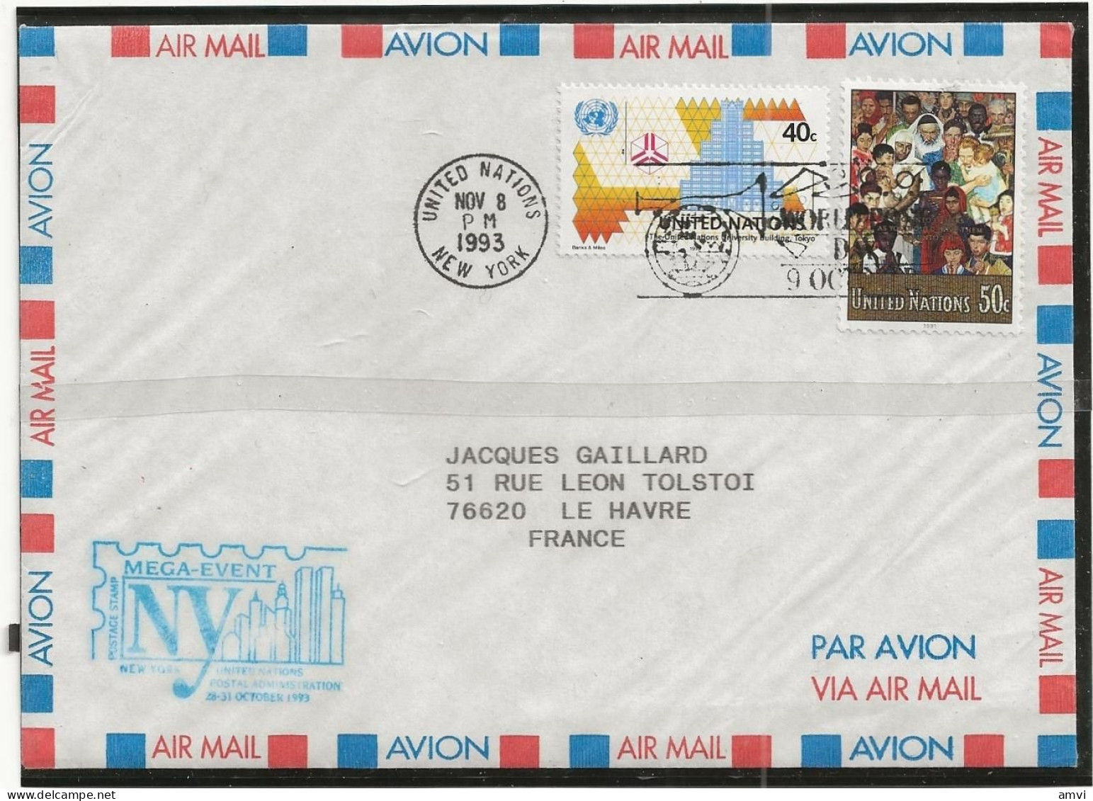 23-0976 United Nations Nation Unies New York 1993 Pour Le Havre Par Avion - Lettres & Documents