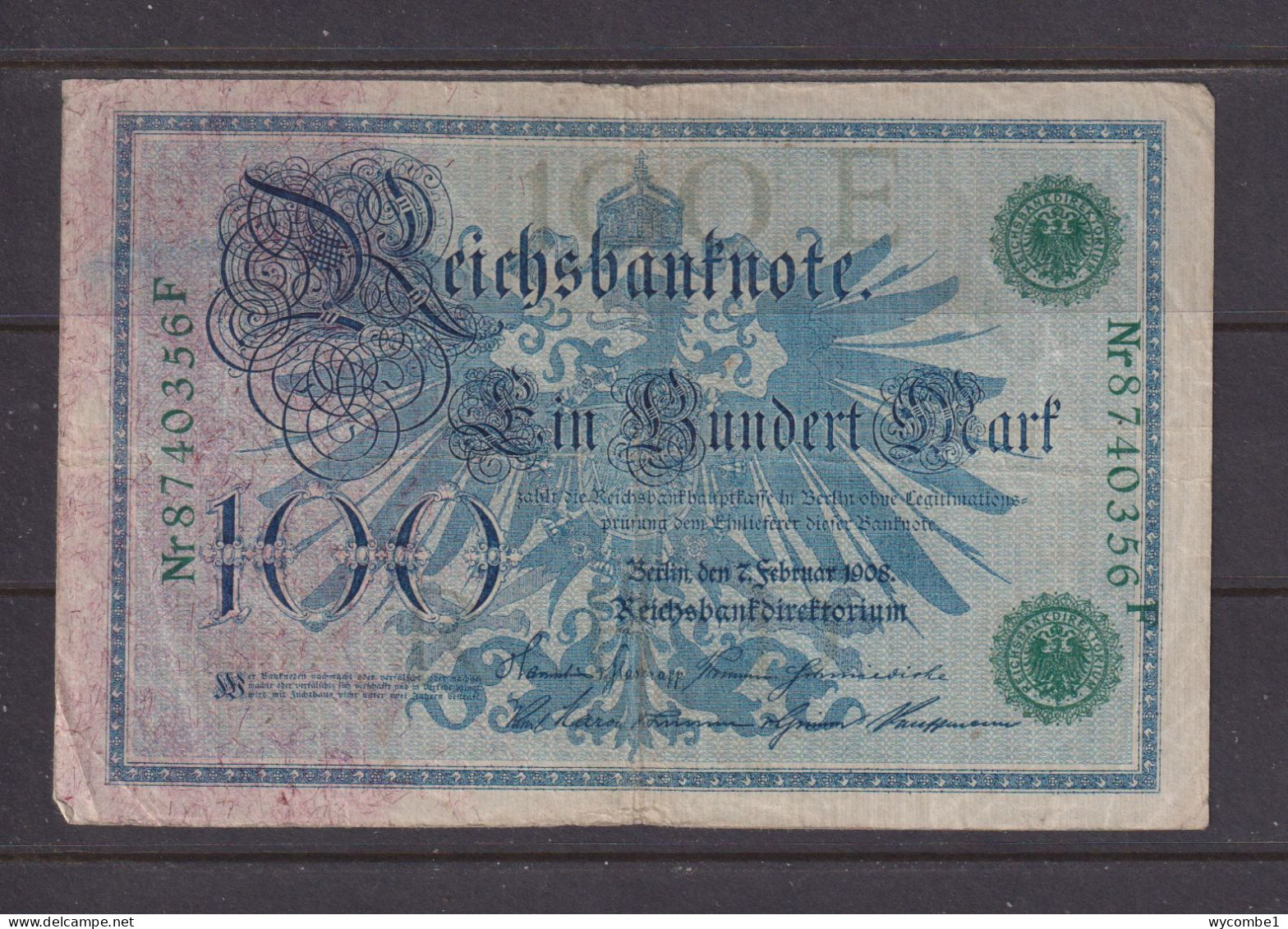 GERMANY - 1908 100 Mark Circulated Banknote As Scans - 100 Mark