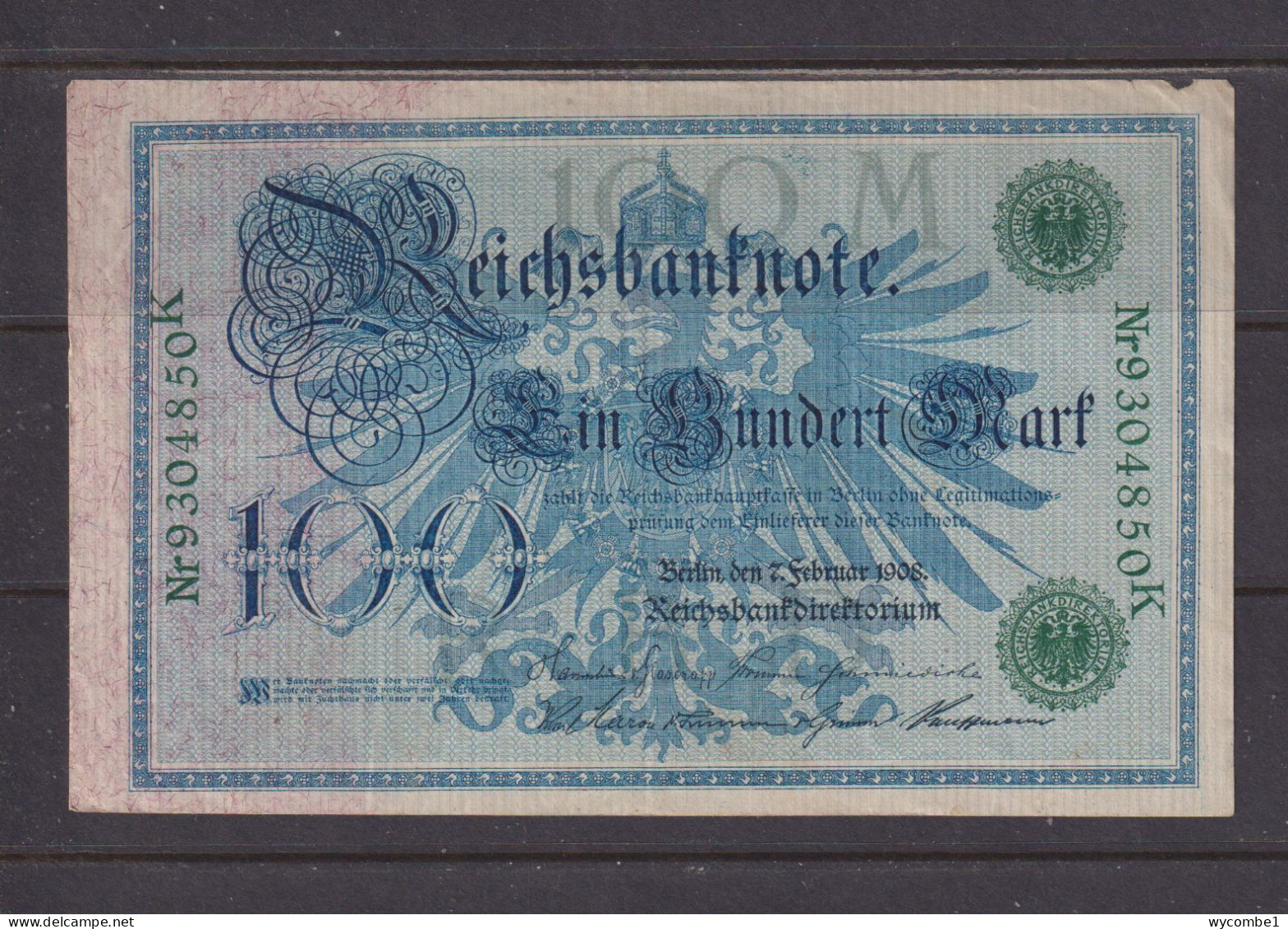 GERMANY - 1908 100 Mark Circulated Banknote As Scans - 100 Mark