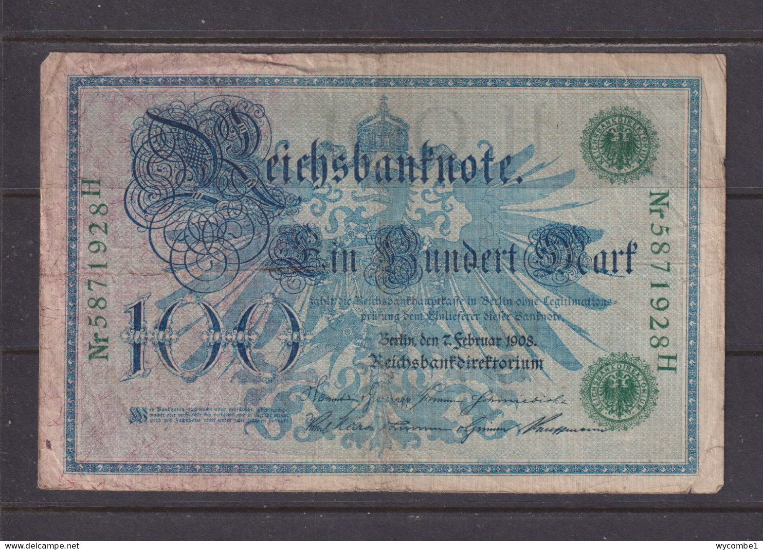 GERMANY - 1908 100 Mark Circulated Banknote As Scans - 100 Mark