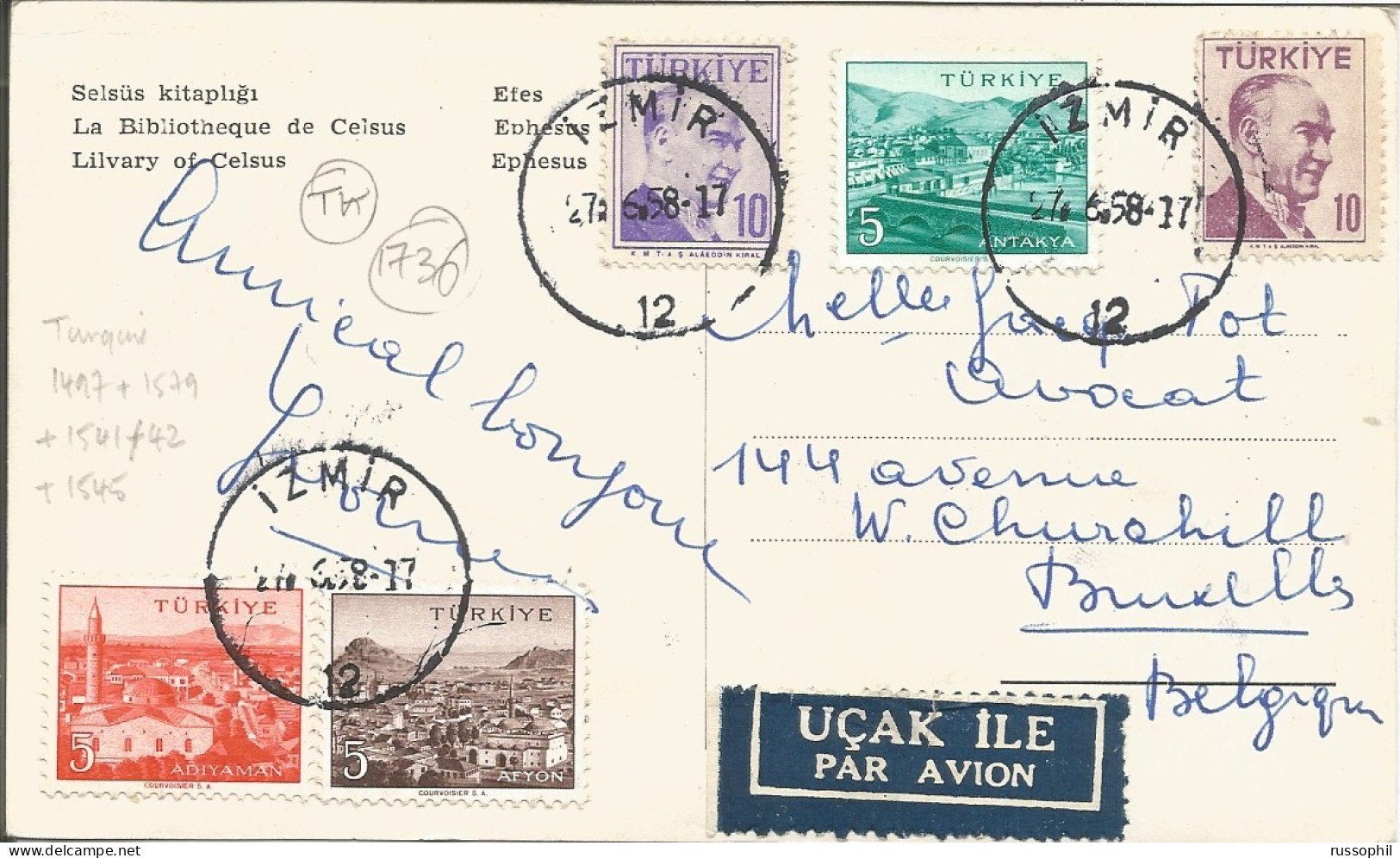 TURKIYE - 5 STAMP FRANKING ON AIR MAILED PC ( IZMIR LIVALRY OF CELSUIS) TO BELGIUM - 1958 - Lettres & Documents