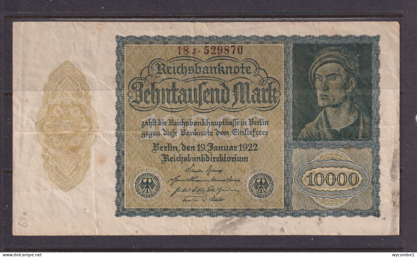 GERMANY - 1922 10000 Mark Circulated Banknote As Scans - 10000 Mark