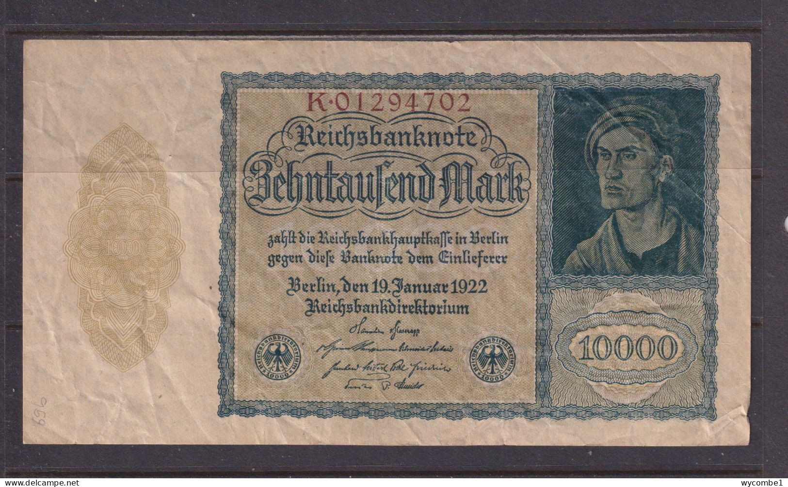 GERMANY - 1922 10000 Mark Circulated Banknote As Scans - 10.000 Mark