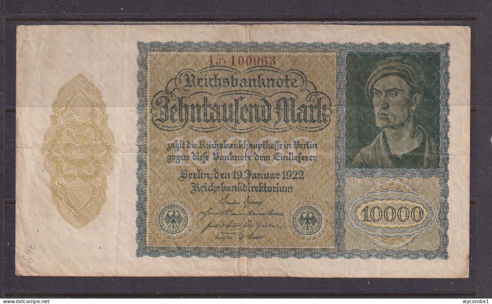 GERMANY - 1922 10000 Mark Circulated Banknote As Scans - 10.000 Mark