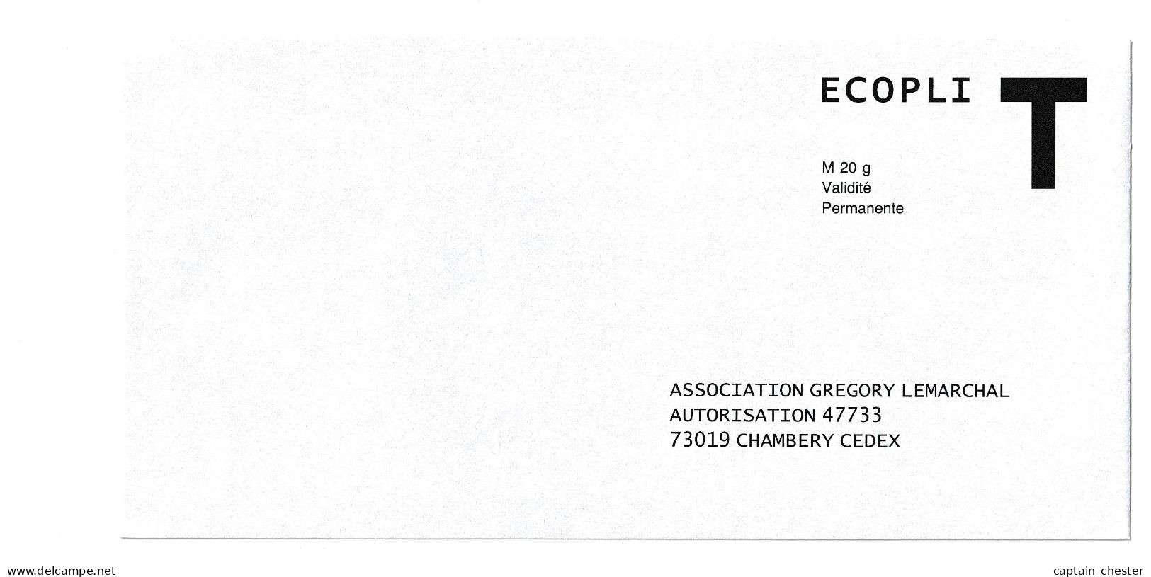 Enveloppe T - ECOPLI " ASSOCIATION GREGORY LEMARCHAL " - Cards/T Return Covers