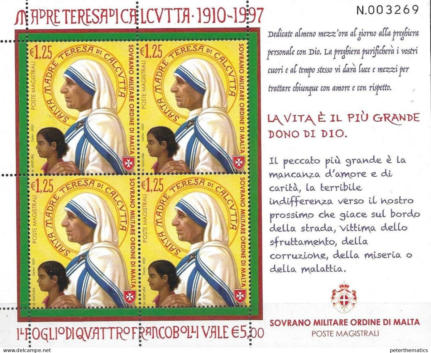 SOVEREIGN MILITARY ORDER OF MALTA, SMOM, 2022, MNH, MOTHER TERESA, SHEETLET OF 4v - Mère Teresa