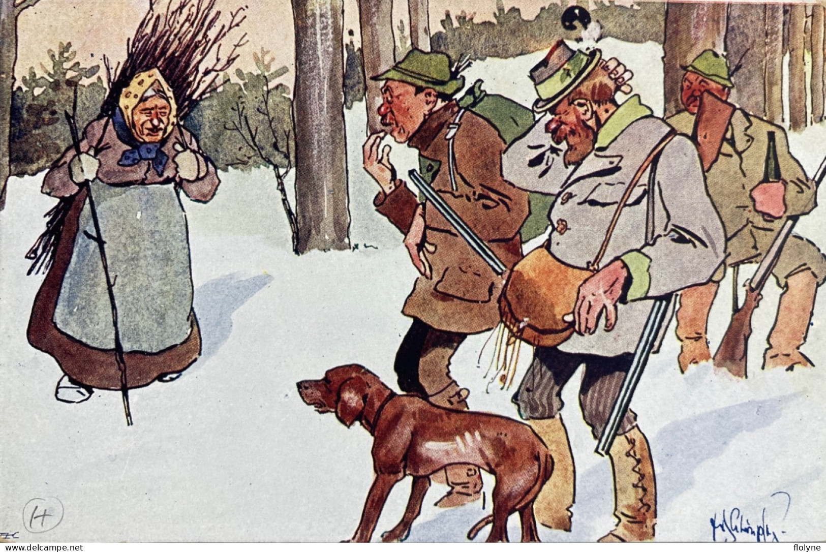 Chasse - Cpa Illustrateur - Groupe De Chasseurs Dans La Neige - Chien - Hunt Hunting - Caza