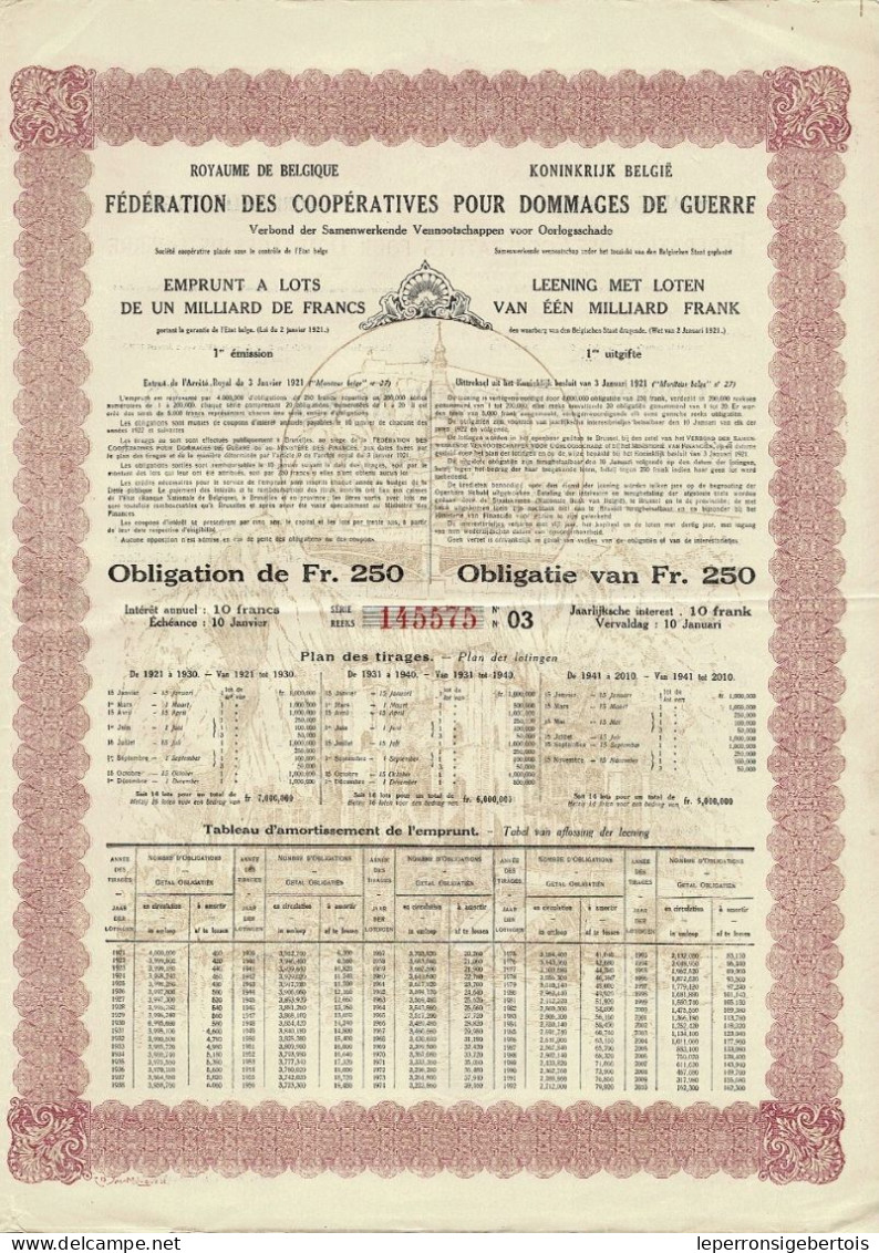 Titre De 1921- Royaume De Belgique - Fédération Des Dommages De Guerre 4 % - Emprunt à Lots De 1 Milliard De Francs - A - C