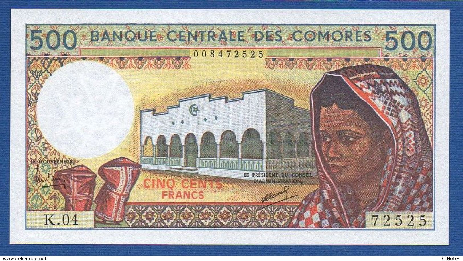 COMOROS - P.10b1 – 500 Francs ND (1984 - 2004) UNC, S/n K.04 72525 - Comore