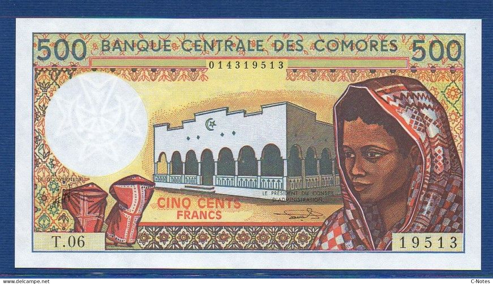 COMOROS - P.10b3 – 500 Francs ND (1984 - 2004) UNC, S/n T.06 19513 - Comoros